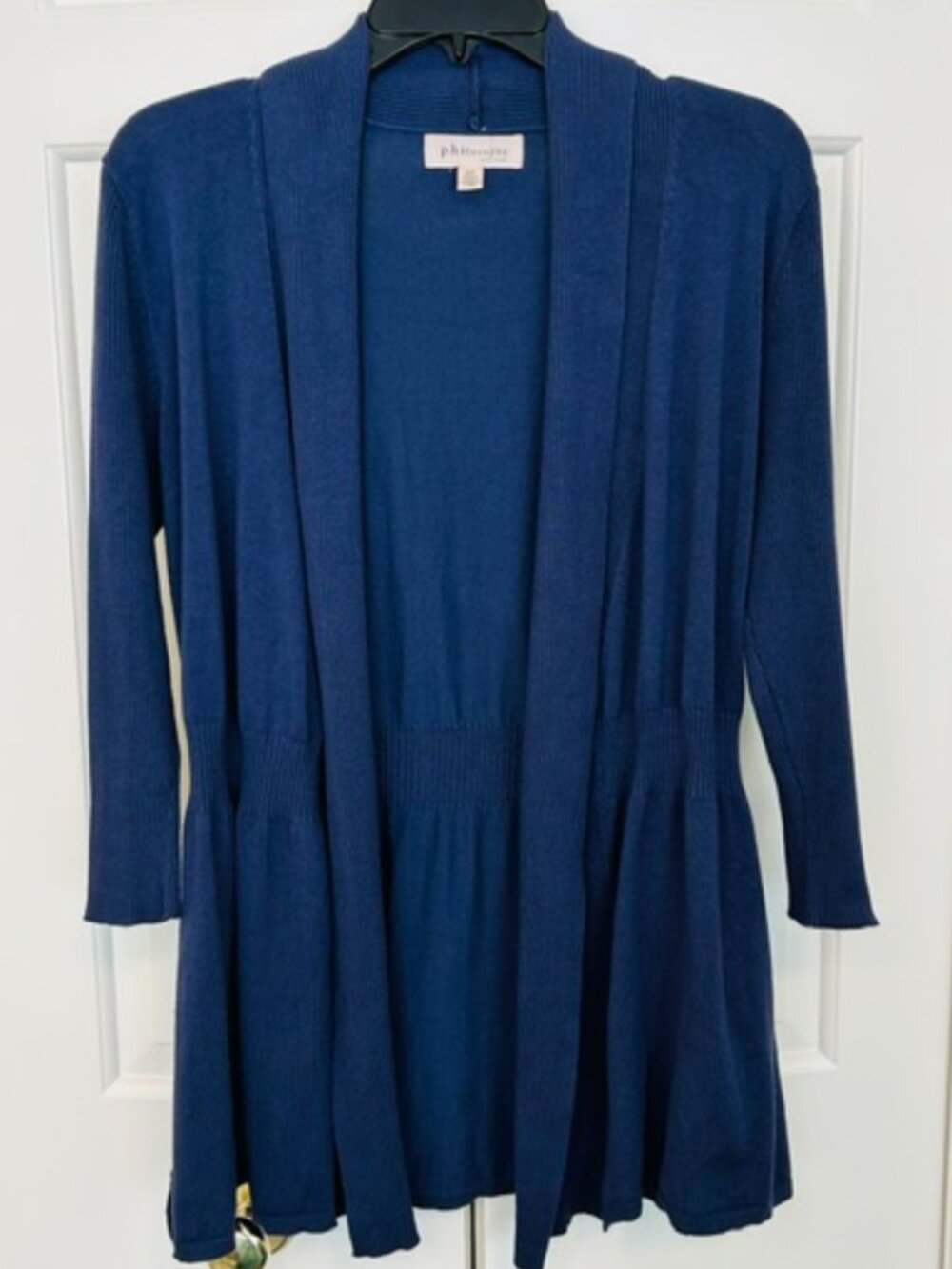 Philosophy Blue Ribbed Open Front Draped Cardigan Metal Button Cuff Size Small